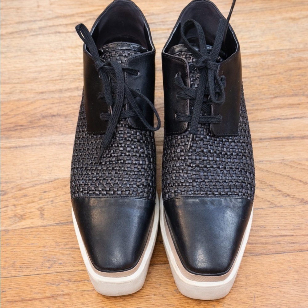 Stella McCartney Black Woven Faux Leather Elyse Platform Derby Size 37.5